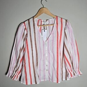 Velvet By Graham & Spencer Striped V-Neck Blouse - Pink, Brown, White, NWT